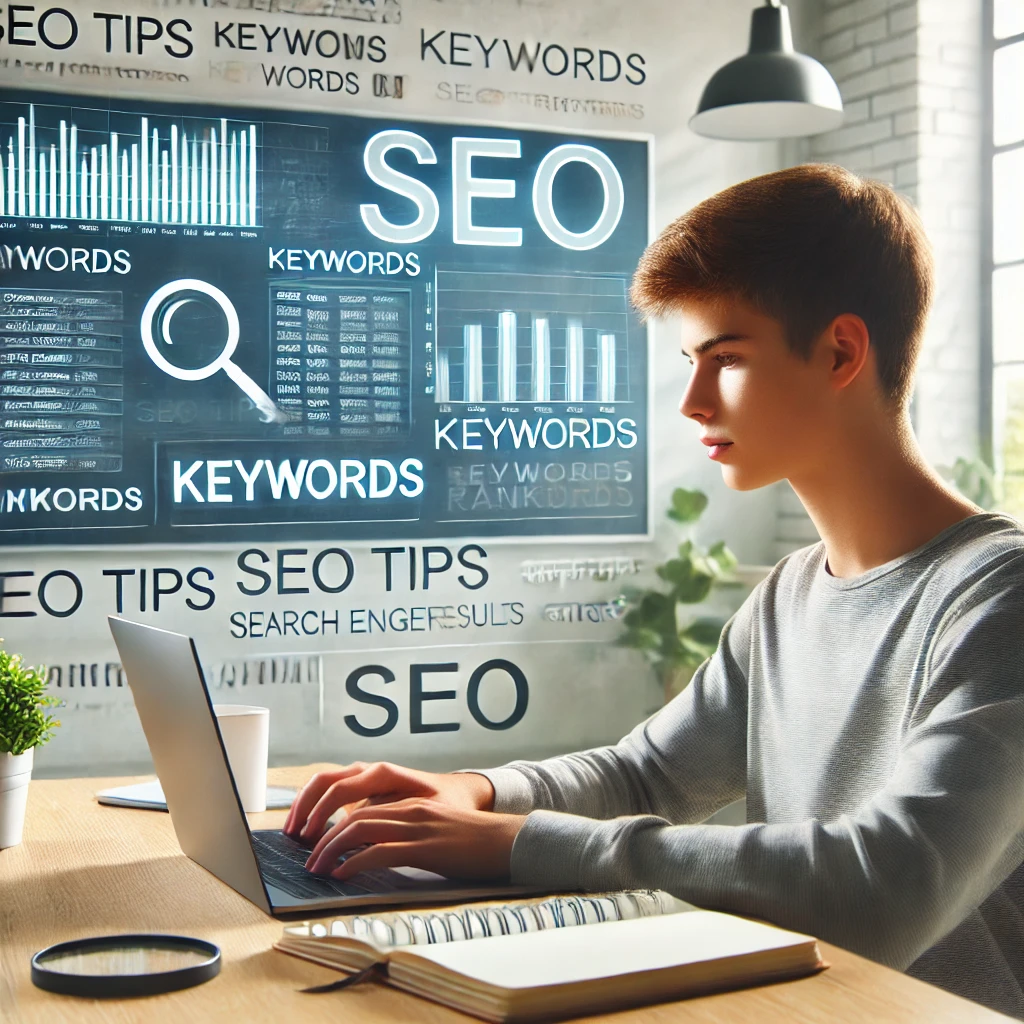 Teen Learning SEO with Laptop and Notebook A teenage student working on a laptop, viewing SEO charts, keywords, and search engine results, with a notebook beside them. The background includes a whiteboard displaying SEO-related phrases like 'SEO Tips' and 'Keywords